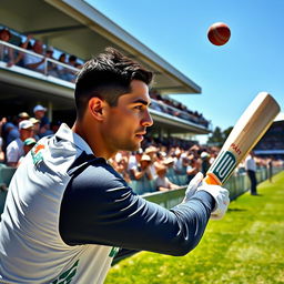 A thrilling moment in a cricket match where Cristiano Ronaldo is seen smashing the ball with his bat, sending it soaring into the stands