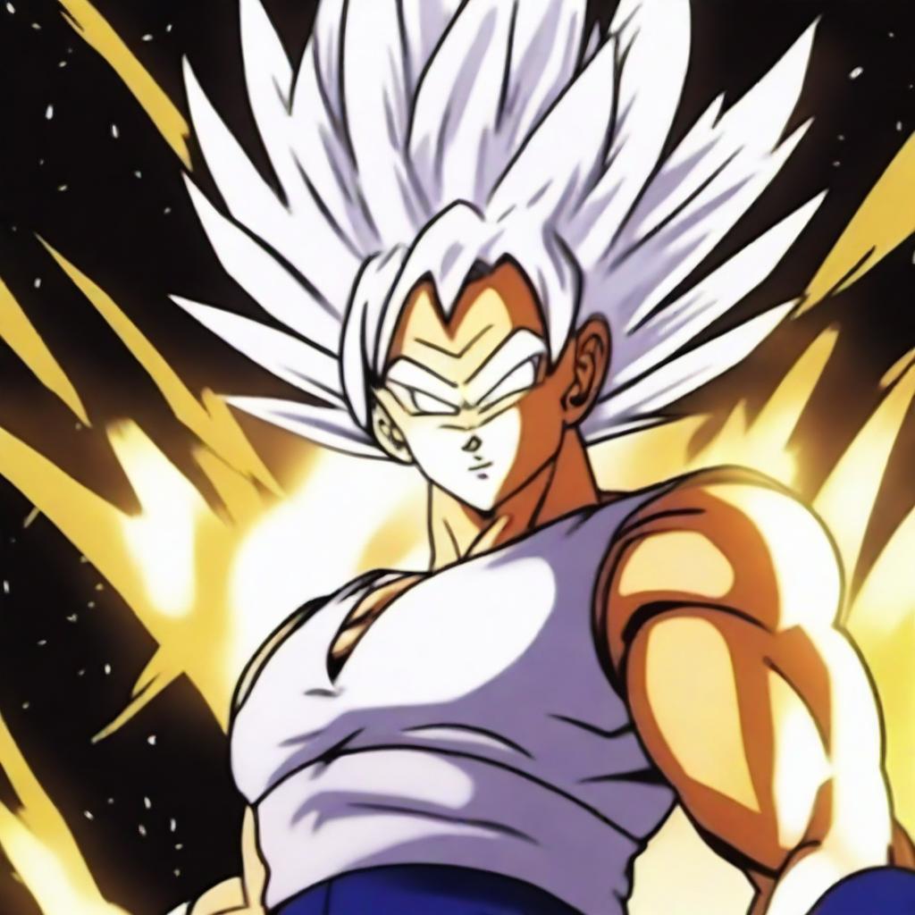 Create an image of a Super Saiyan with striking white hair glistening with golden highlights, radiating immense power against an explosive background of energy blasts