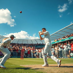 An exhilarating cricket scene featuring Cristiano Ronaldo as the bowler delivers the ball with precision