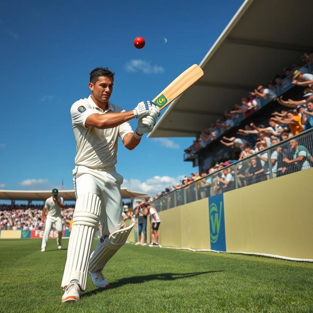 An exhilarating cricket scene featuring Cristiano Ronaldo as the bowler delivers the ball with precision