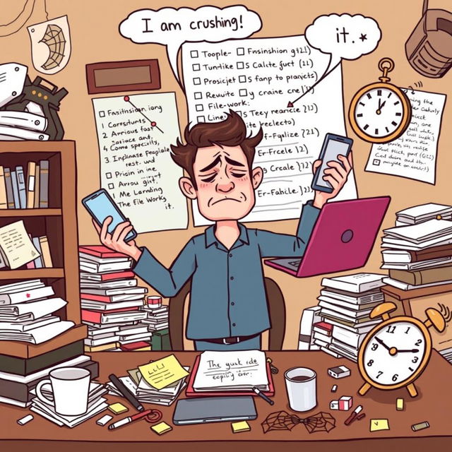 A whimsical illustration of a person multitasking with a laptop, mobile phone, and clock, juggling them in a chaotic yet humorous way