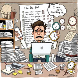 A whimsical illustration of a person multitasking with a laptop, mobile phone, and clock, juggling them in a chaotic yet humorous way