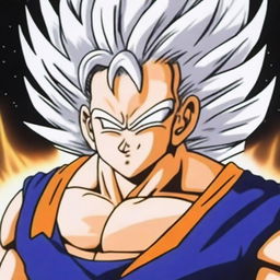 Create an image of a Super Saiyan with striking white hair glistening with golden highlights, radiating immense power against an explosive background of energy blasts