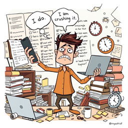 A whimsical illustration of a person multitasking with a laptop, mobile phone, and clock, juggling them in a chaotic yet humorous way