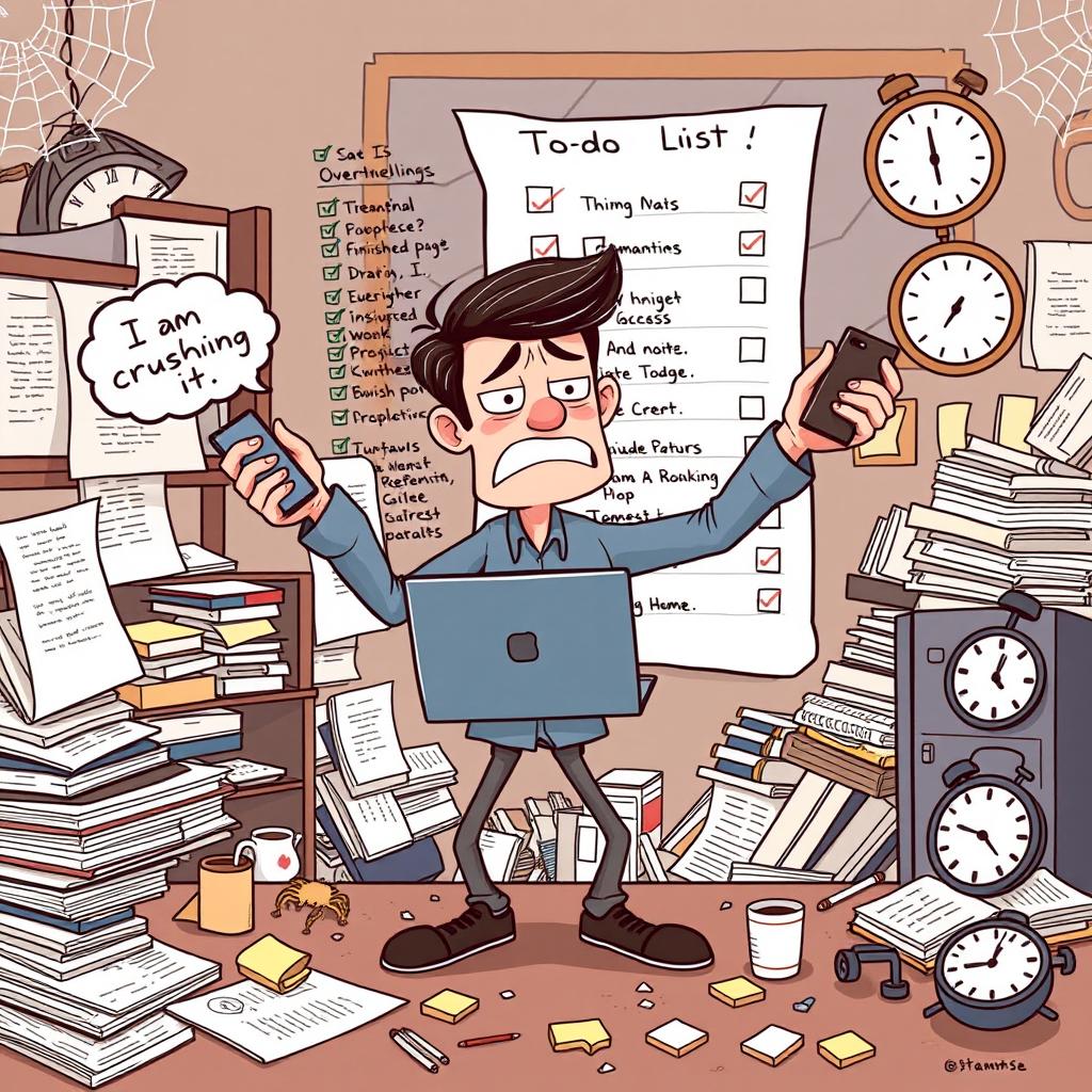 A whimsical illustration of a person multitasking with a laptop, mobile phone, and clock, juggling them in a chaotic yet humorous way