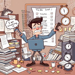 A whimsical illustration of a person multitasking with a laptop, mobile phone, and clock, juggling them in a chaotic yet humorous way