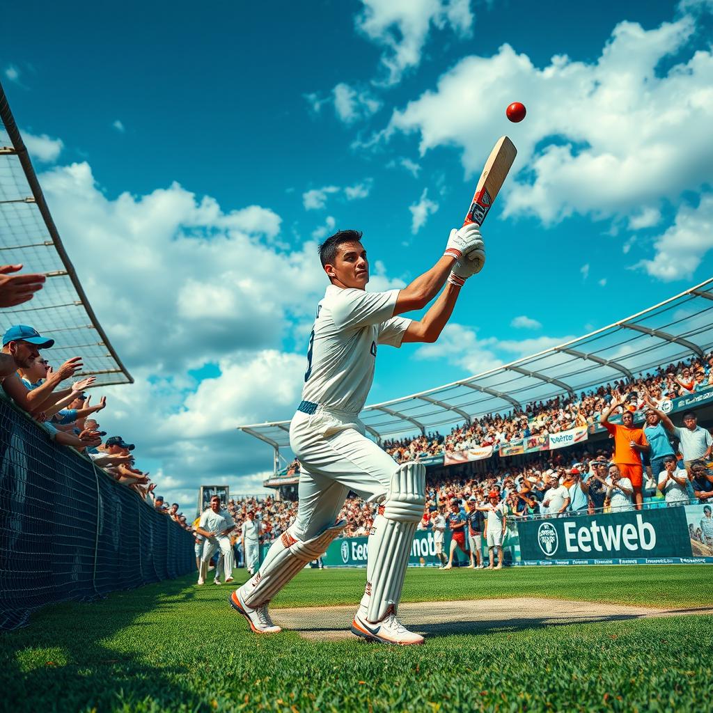 An exhilarating cricket scene featuring Cristiano Ronaldo as the bowler delivers the ball with precision