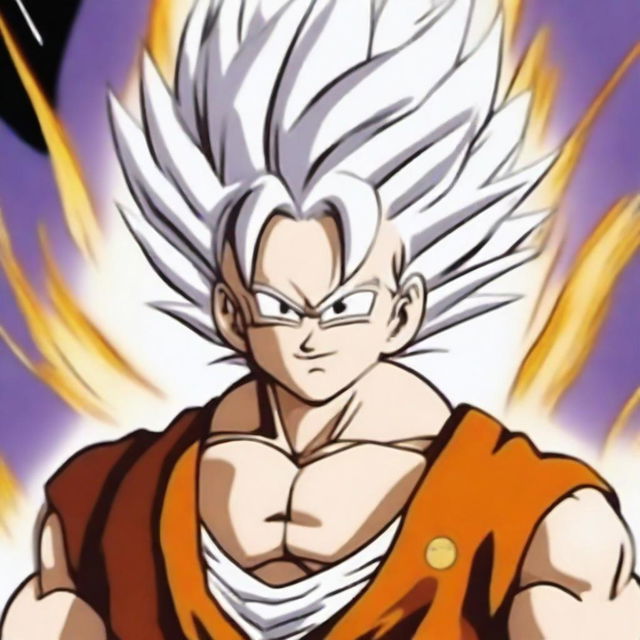 Create an image of a Super Saiyan with striking white hair glistening with golden highlights, radiating immense power against an explosive background of energy blasts