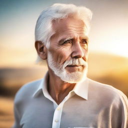 Generate a high-quality image of a real person with unique white hair, shimmering with golden highlights, standing against a soft, natural backdrop under the warm glow of a setting sun