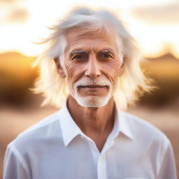 Generate a high-quality image of a real person with unique white hair, shimmering with golden highlights, standing against a soft, natural backdrop under the warm glow of a setting sun