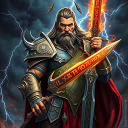 A striking and powerful portrait of a mythical warrior named Karn, clad in intricate, ornate armor embellished with ancient runes