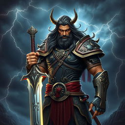 A striking and powerful portrait of a mythical warrior named Karn, clad in intricate, ornate armor embellished with ancient runes