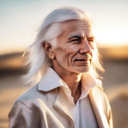 Generate a high-quality image of a real person with unique white hair, shimmering with golden highlights, standing against a soft, natural backdrop under the warm glow of a setting sun