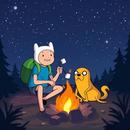 Finn and Jake sitting around a campfire under a starry night sky