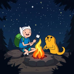Finn and Jake sitting around a campfire under a starry night sky