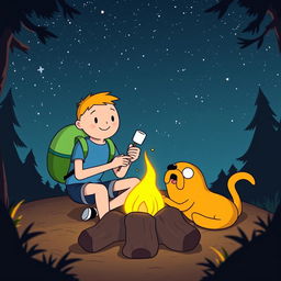 Finn and Jake sitting around a campfire under a starry night sky