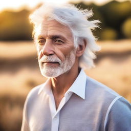 Generate a high-quality image of a real person with unique white hair, shimmering with golden highlights, standing against a soft, natural backdrop under the warm glow of a setting sun