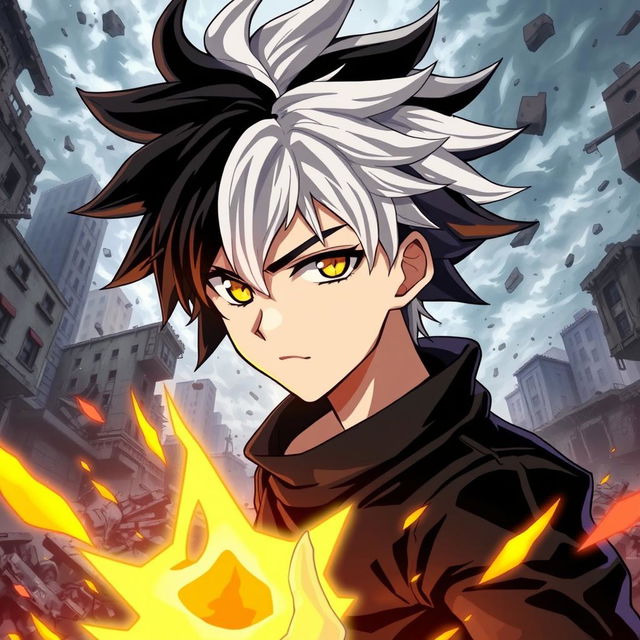 A male anime character with striking black and white hair, styled in a dynamic and edgy manner, showcasing his power of light and darkness