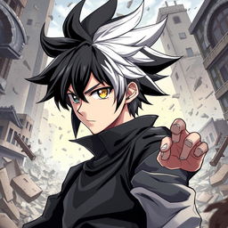 A male anime character with striking black and white hair, styled in a dynamic and edgy manner, showcasing his power of light and darkness