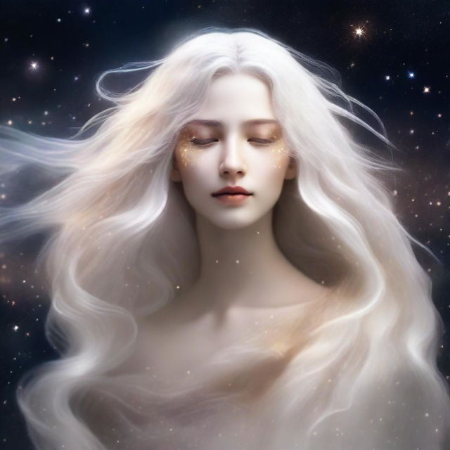 Create an image of a celestial being with flowing white hair shimmering with golden highlights, floating ethereally against a backdrop of an infinite starry cosmos