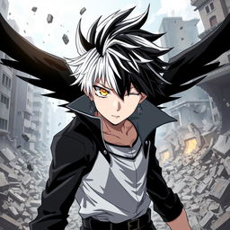 A male anime character with striking black and white hair, styled in a dynamic and edgy manner, showcasing his power of light and darkness