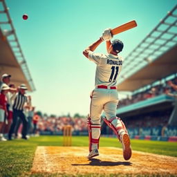A dynamic cricket scene capturing the intense moment as the bowler delivers the ball and Cristiano Ronaldo makes contact, hitting a magnificent six