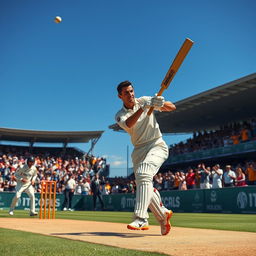 A dynamic cricket scene capturing the intense moment as the bowler delivers the ball and Cristiano Ronaldo makes contact, hitting a magnificent six
