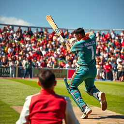 A dynamic cricket scene capturing the intense moment as the bowler delivers the ball and Cristiano Ronaldo makes contact, hitting a magnificent six