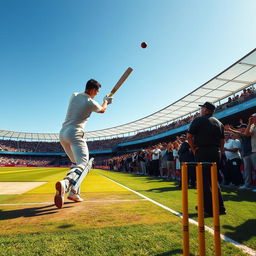 A dynamic cricket scene capturing the intense moment as the bowler delivers the ball and Cristiano Ronaldo makes contact, hitting a magnificent six