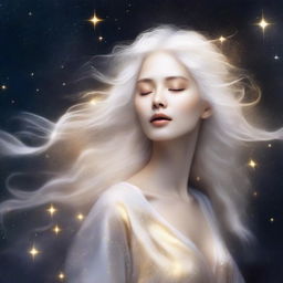 Create an image of a celestial being with flowing white hair shimmering with golden highlights, floating ethereally against a backdrop of an infinite starry cosmos