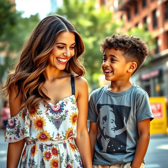 A scene set in a vibrant urban environment, capturing a joyful moment between a fashionable young woman and a young boy, both smiling and engaged in a friendly conversation