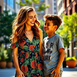 A scene set in a vibrant urban environment, capturing a joyful moment between a fashionable young woman and a young boy, both smiling and engaged in a friendly conversation