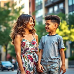 A scene set in a vibrant urban environment, capturing a joyful moment between a fashionable young woman and a young boy, both smiling and engaged in a friendly conversation