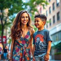 A scene set in a vibrant urban environment, capturing a joyful moment between a fashionable young woman and a young boy, both smiling and engaged in a friendly conversation
