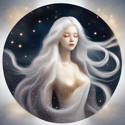 Create an image of a celestial being with flowing white hair shimmering with golden highlights, floating ethereally against a backdrop of an infinite starry cosmos