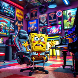 SpongeBob SquarePants sitting on a modern gaming chair in a colorful gaming room filled with various gaming paraphernalia