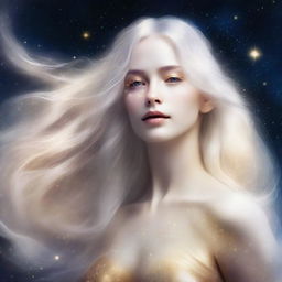 Create an image of a celestial being with flowing white hair shimmering with golden highlights, floating ethereally against a backdrop of an infinite starry cosmos