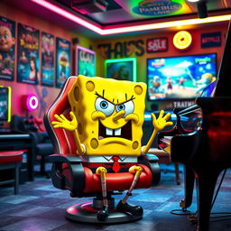 SpongeBob SquarePants sitting on a modern gaming chair in a colorful gaming room filled with various gaming paraphernalia