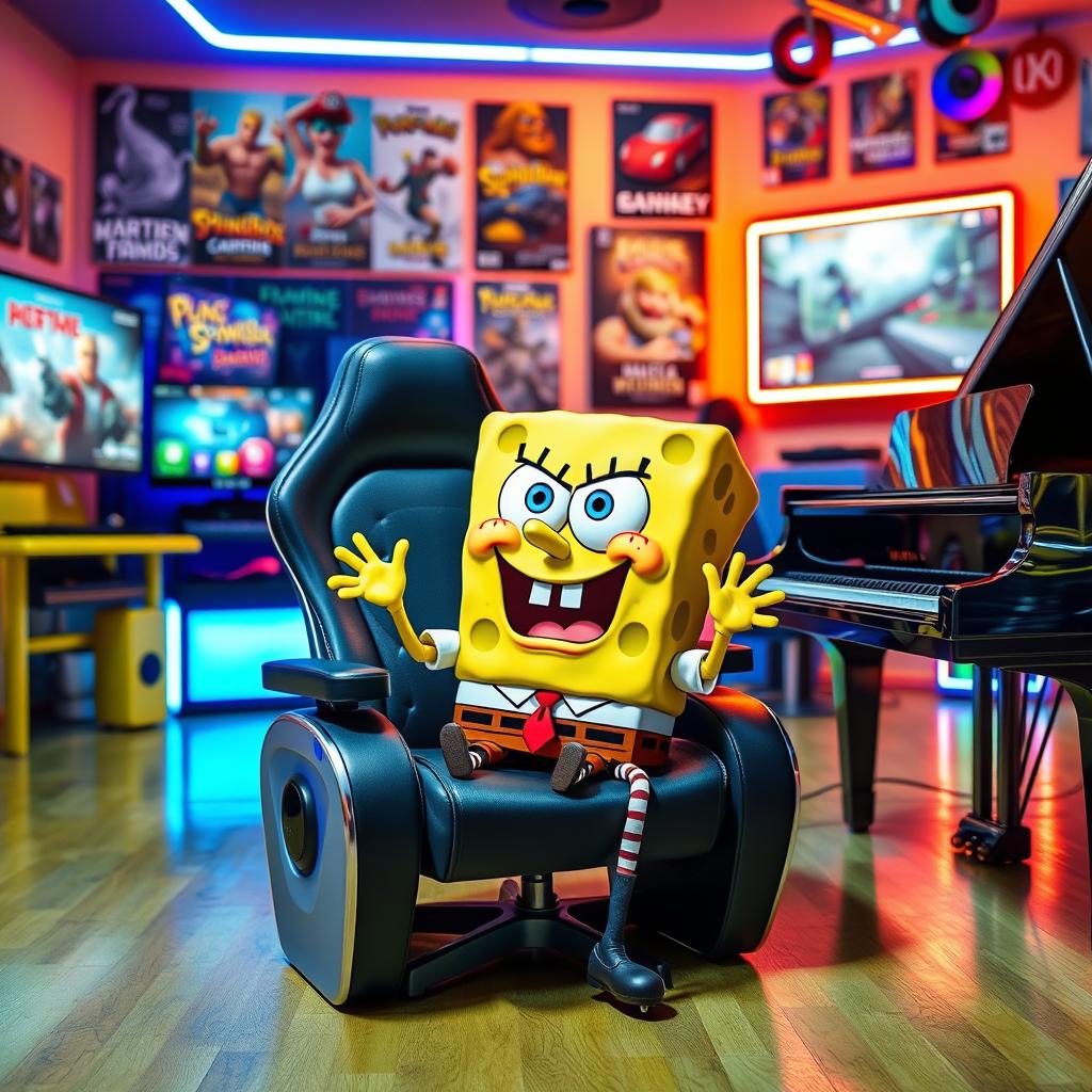 SpongeBob SquarePants sitting on a modern gaming chair in a colorful gaming room filled with various gaming paraphernalia