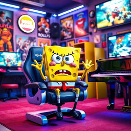 SpongeBob SquarePants sitting on a modern gaming chair in a colorful gaming room filled with various gaming paraphernalia