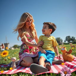 A stylish, contemporary scene showcasing an elegantly dressed young woman interacting warmly with a cheerful young boy in a park