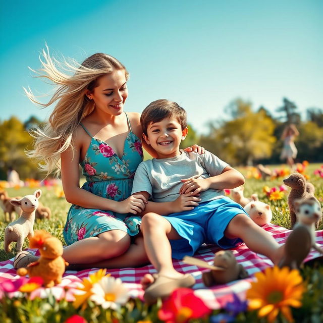 A stylish, contemporary scene showcasing an elegantly dressed young woman interacting warmly with a cheerful young boy in a park