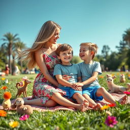 A stylish, contemporary scene showcasing an elegantly dressed young woman interacting warmly with a cheerful young boy in a park