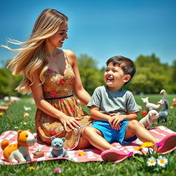 A stylish, contemporary scene showcasing an elegantly dressed young woman interacting warmly with a cheerful young boy in a park