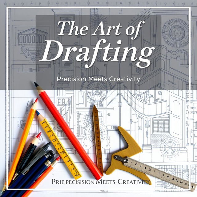 A visually stunning poster highlighting the art of drafting, featuring a variety of drafting tools such as pencils, compasses, rulers, T-squares, and high-tech drafting tablets