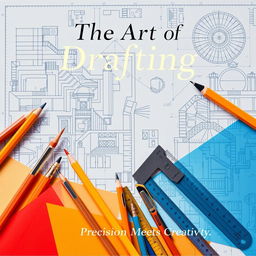 A visually stunning poster highlighting the art of drafting, featuring a variety of drafting tools such as pencils, compasses, rulers, T-squares, and high-tech drafting tablets