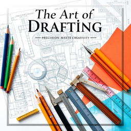 A visually stunning poster highlighting the art of drafting, featuring a variety of drafting tools such as pencils, compasses, rulers, T-squares, and high-tech drafting tablets