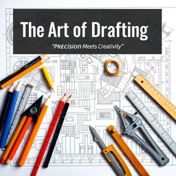 A visually stunning poster highlighting the art of drafting, featuring a variety of drafting tools such as pencils, compasses, rulers, T-squares, and high-tech drafting tablets