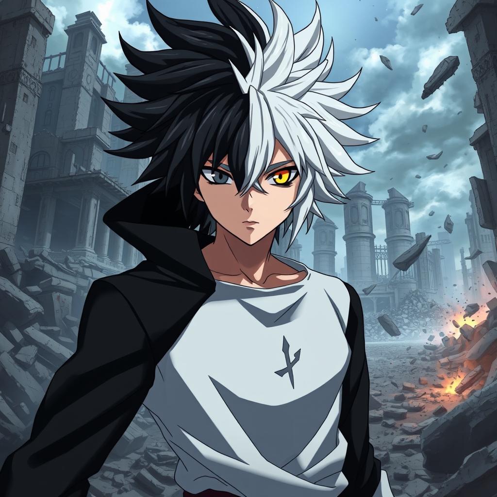 A male anime character with striking black and white hair, dramatically styled, representing his duality of power between light and darkness