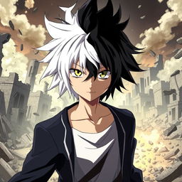 A male anime character with striking black and white hair, dramatically styled, representing his duality of power between light and darkness